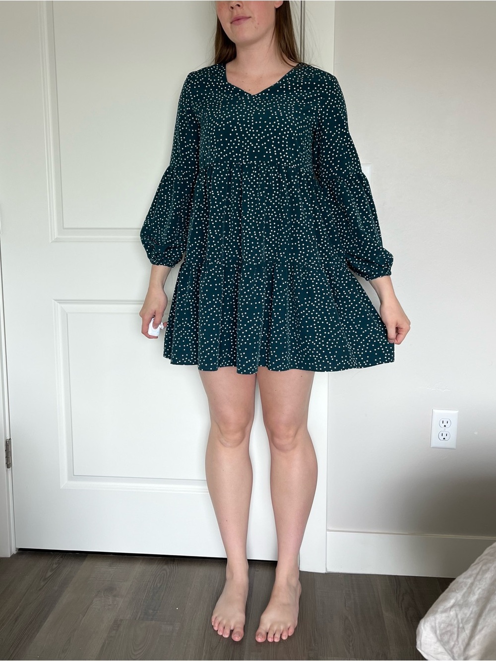 Amazon Dark Green Polka Dot V-Neck Tiered Mini Dress